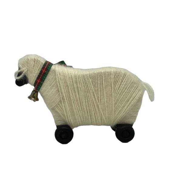 Primitive Wooly Lamb Sheep Holiday Figurine on Wheels Wood Body Bell Bow Vintage - Picture 5 of 15